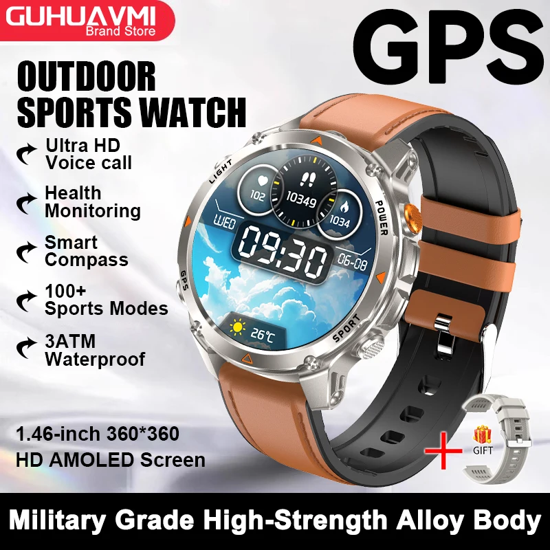 Smartwatch z GPS, NFC i kompasem AMOLED unisex Brązowy