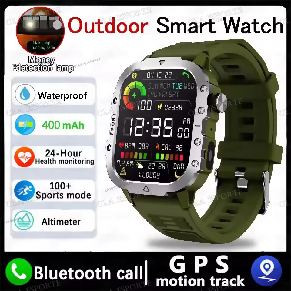 Wytrzymały smartwatch męski z GPS, latarką i wodoodpornością Zielony