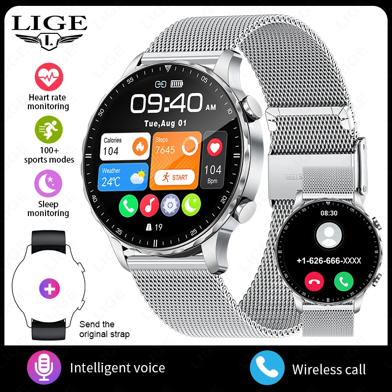 Smartwatch męski LIGE outdoor z ekranem HD 1.85 i pomiarem tętna Mesh belt sliver