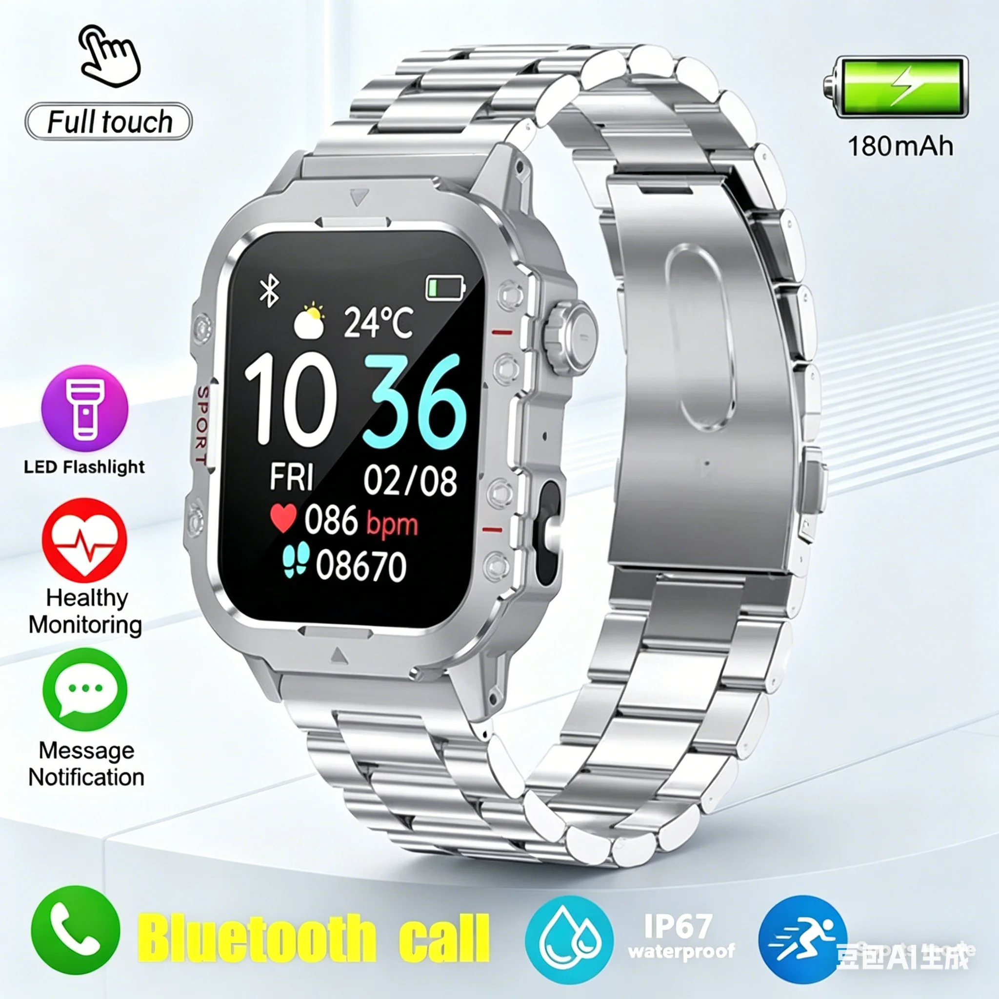 Smartwatch męski militarny z GPS i latarką, wodoodporny 1.44 silver22szstrap