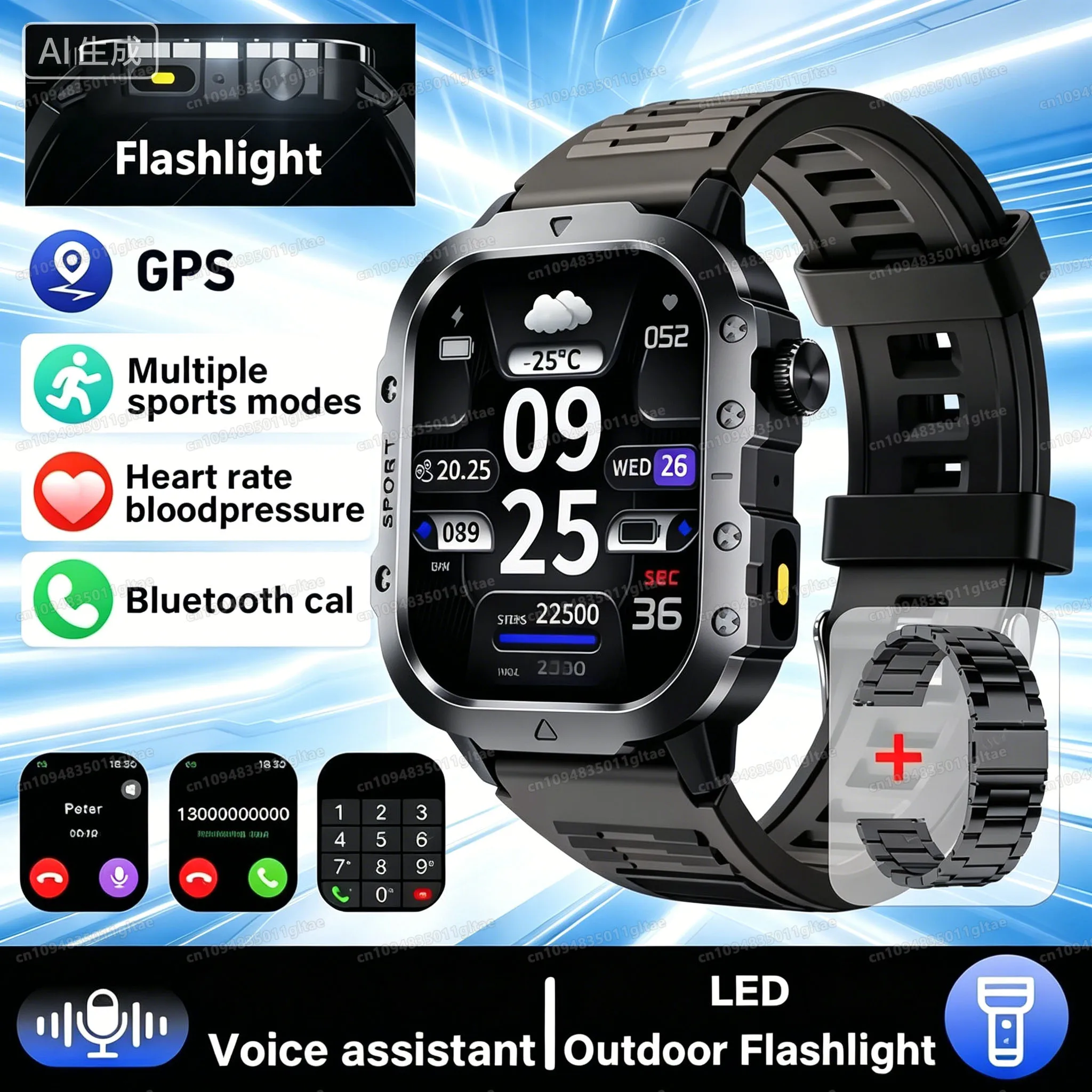 Smartwatch męski militarny z GPS i latarką, wodoodporny 2.01 bk22szstrap