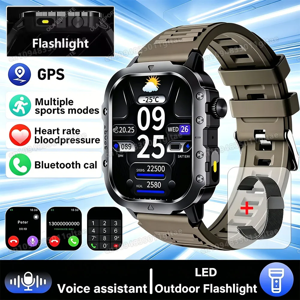 Smartwatch męski militarny z GPS i latarką, wodoodporny 2.01 br22bkmilan