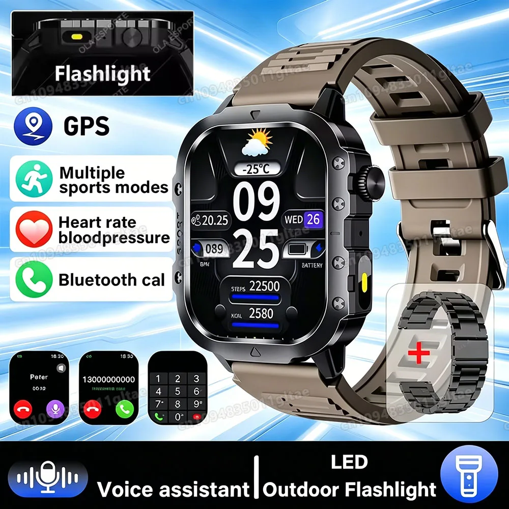 Smartwatch męski militarny z GPS i latarką, wodoodporny 2.01 br22bkszstrap