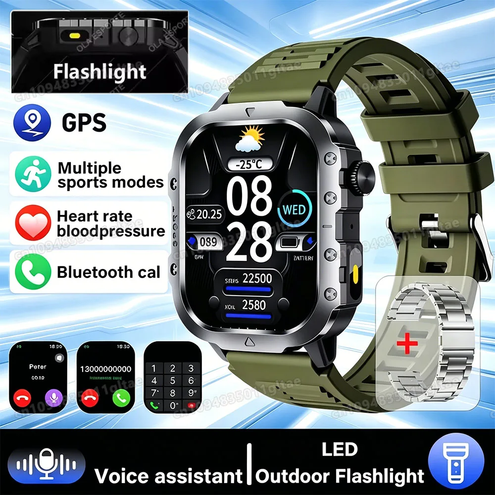 Smartwatch męski militarny z GPS i latarką, wodoodporny 2.01 gr22whszstrap