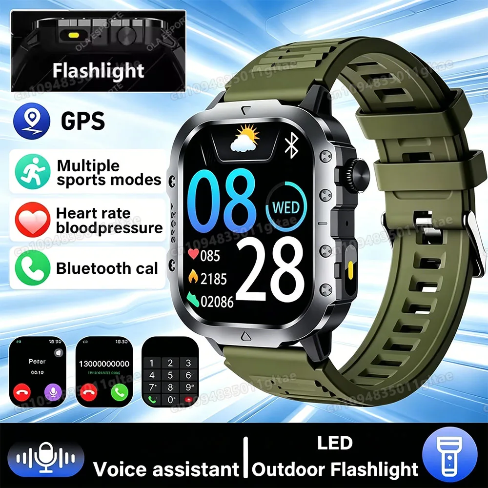 Smartwatch męski militarny z GPS i latarką, wodoodporny Zielony