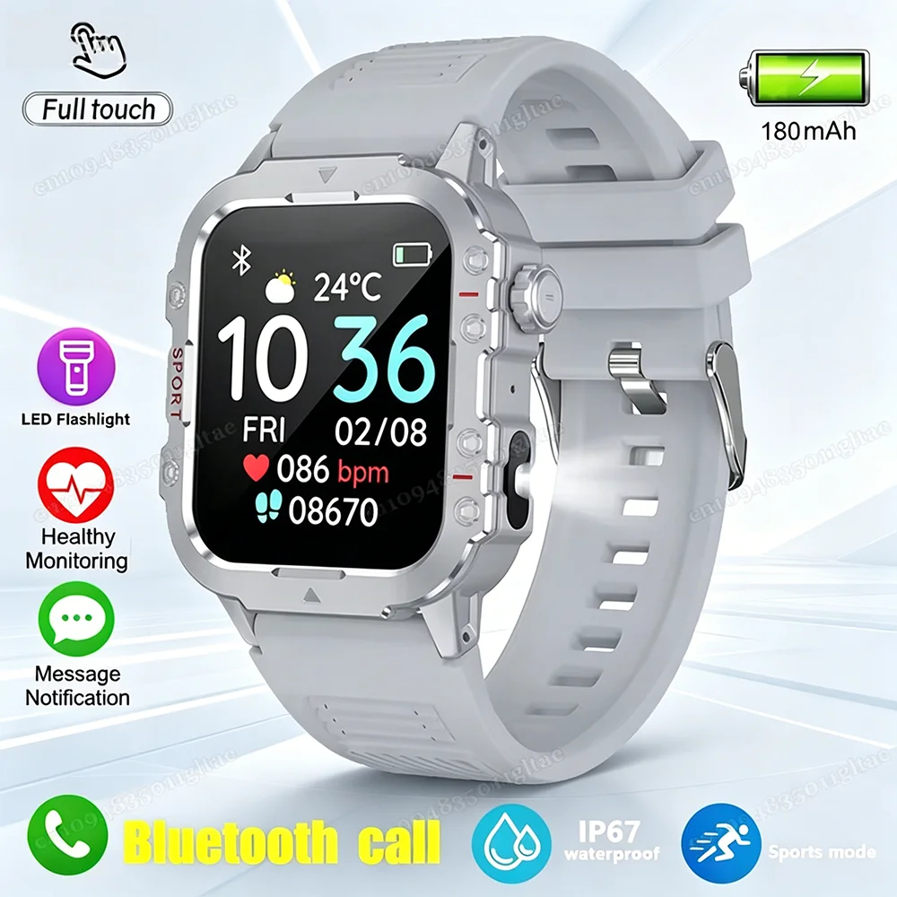 Smartwatch męski militarny z GPS i latarką, wodoodporny Srebrny