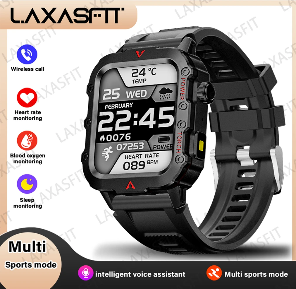 Smartwatch męski sportowy z latarką LED i monitorem zdrowia Czarny
