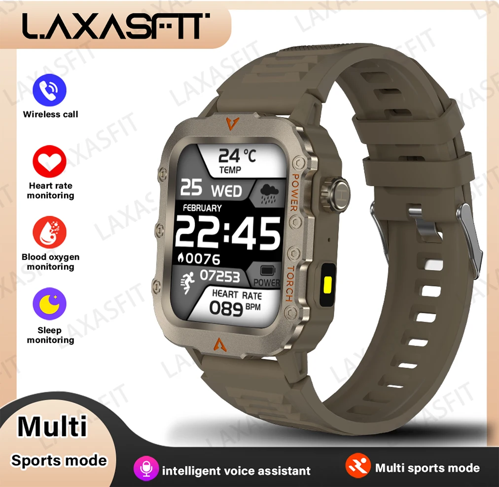 Smartwatch męski sportowy z latarką LED i monitorem zdrowia Brązowy