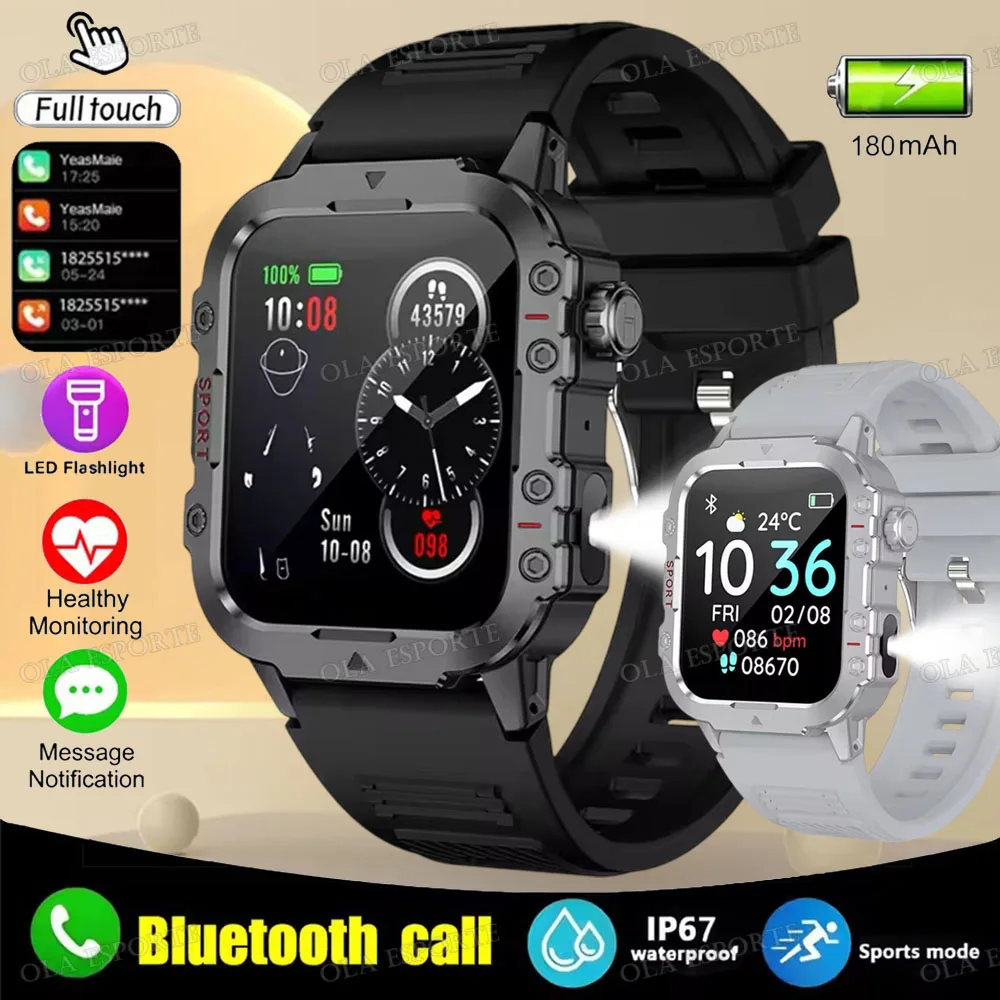 Smartwatch męski wojskowy z latarką LED IP68 i ekranem 1.44 1bk1silver