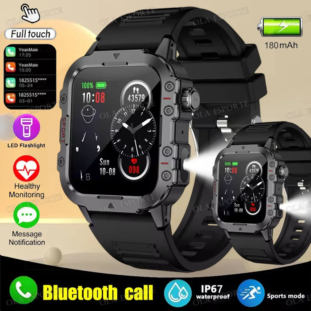 Smartwatch męski wojskowy z latarką LED IP68 i ekranem 1.44 2bk