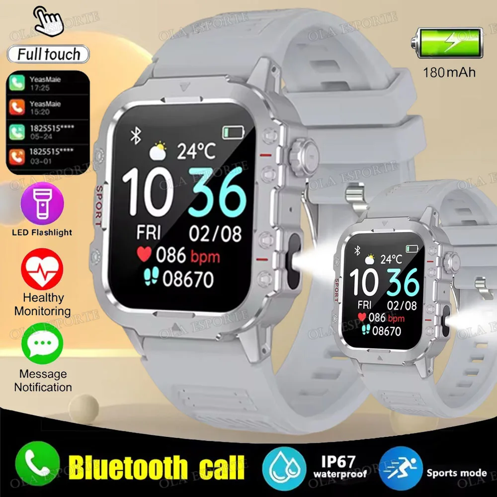 Smartwatch męski wojskowy z latarką LED IP68 i ekranem 1.44 2silver