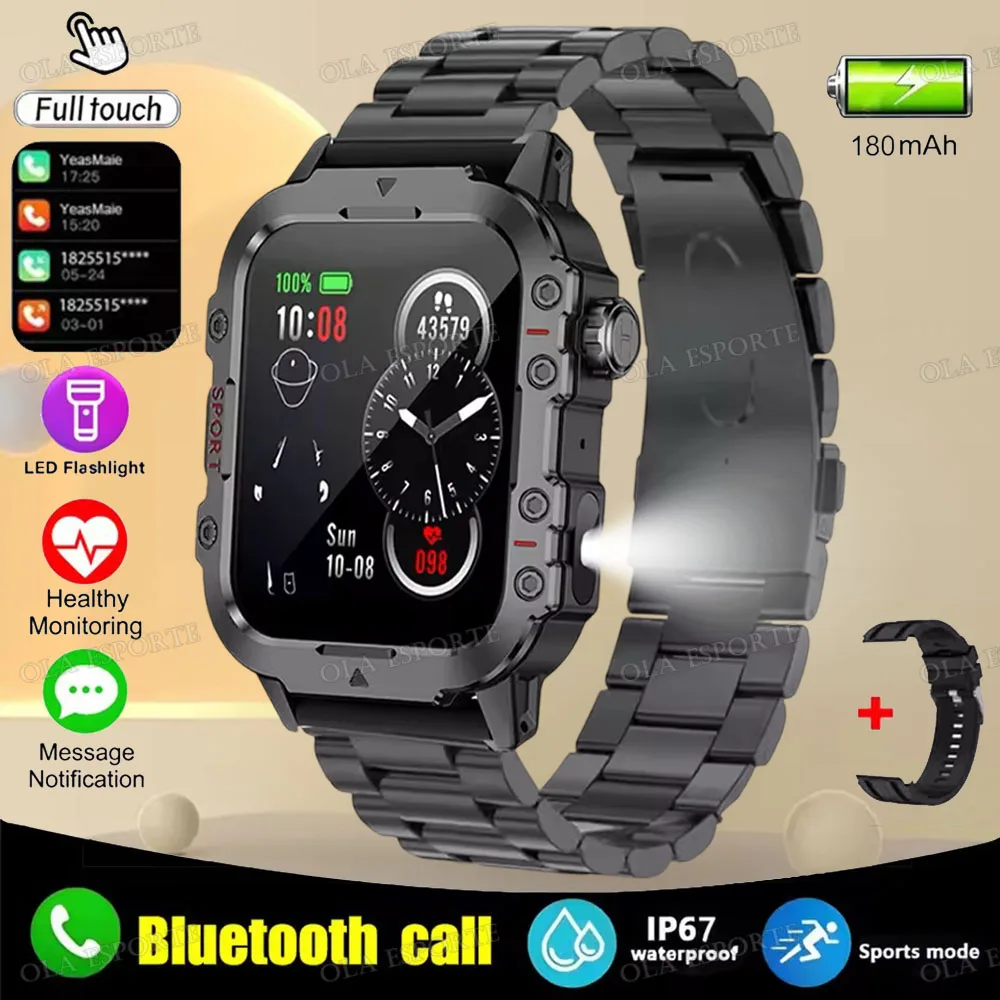 Smartwatch męski wojskowy z latarką LED IP68 i ekranem 1.44 Bk22szstrap