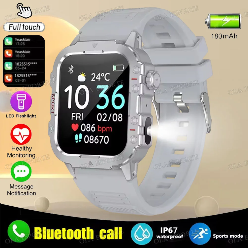 Smartwatch męski wojskowy z latarką LED IP68 i ekranem 1.44 Srebrny