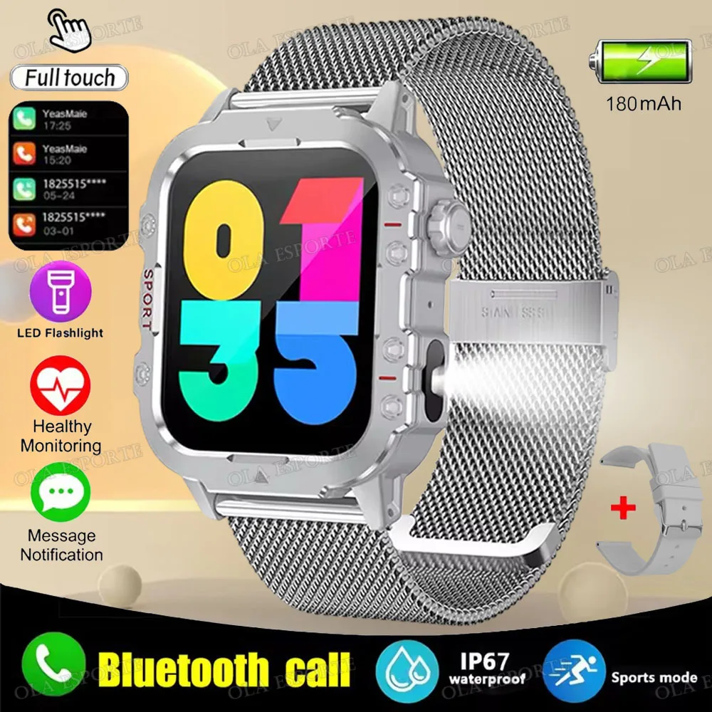 Smartwatch męski wojskowy z latarką LED IP68 i ekranem 1.44 Silver22milan