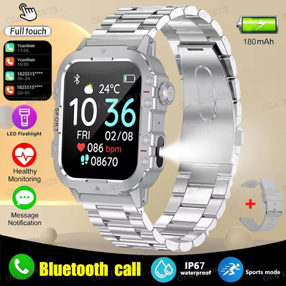Smartwatch męski wojskowy z latarką LED IP68 i ekranem 1.44 Silver22szstrap