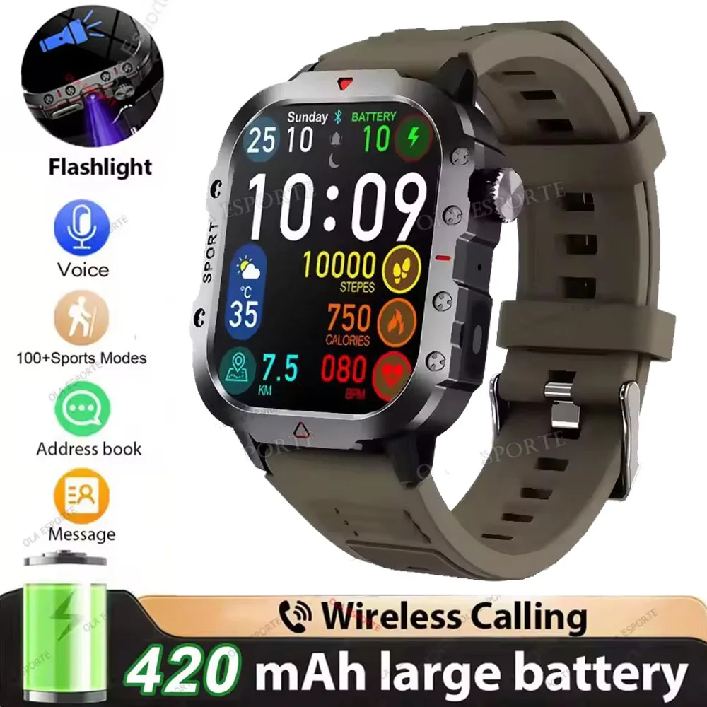 Smartwatch militarny męski z GPS, AMOLED i Bluetooth Brązowy