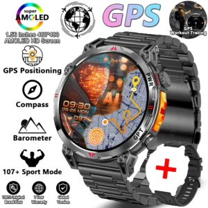 Wojskowy smartwatch outdoor z GPS, kompasem i barometrem 5ATM Czarny