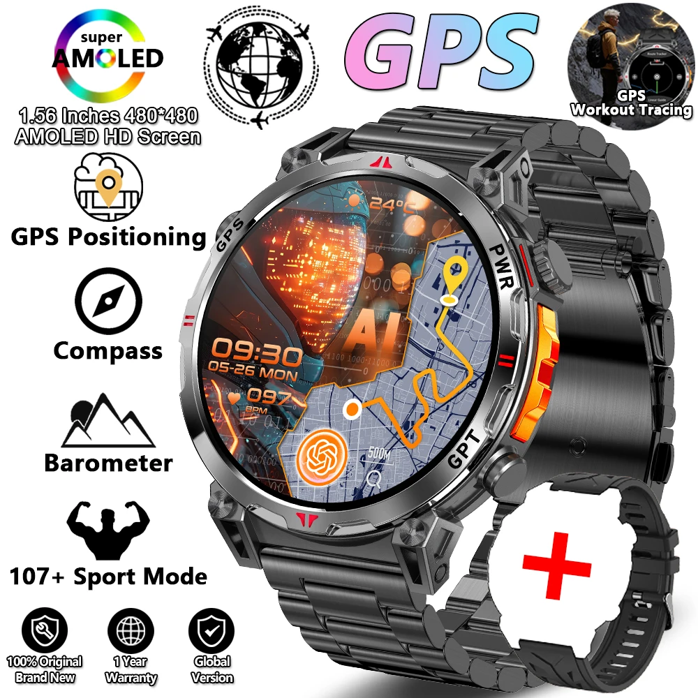 Wojskowy smartwatch outdoor z GPS, kompasem i barometrem 5ATM Czarny