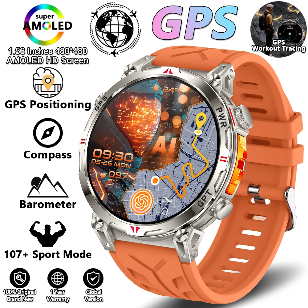 Wojskowy smartwatch outdoor z GPS, kompasem i barometrem 5ATM Pomarańczowy
