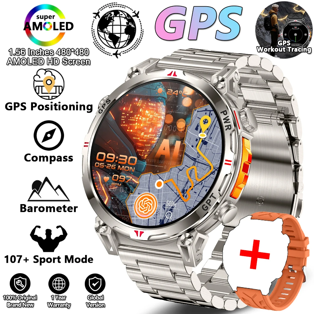 Wojskowy smartwatch outdoor z GPS, kompasem i barometrem 5ATM Srebrny