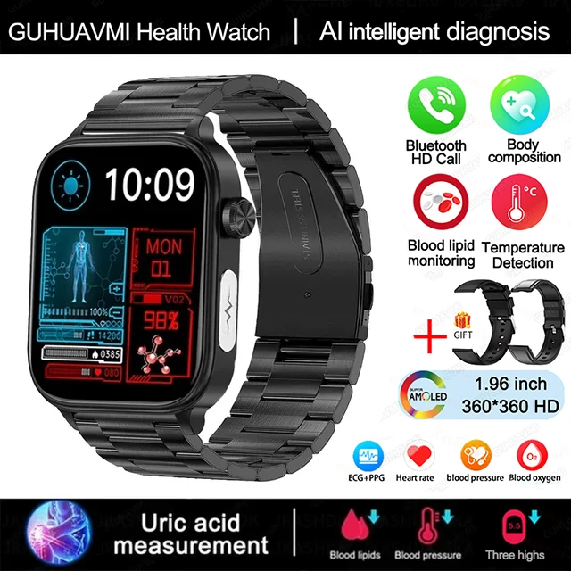 Smartwatch z pomiarem zdrowia i tarczą AI – zegarek sportowy Czarny
