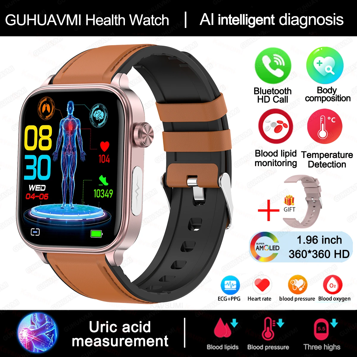 Smartwatch z pomiarem zdrowia i tarczą AI – zegarek sportowy Brązowy
