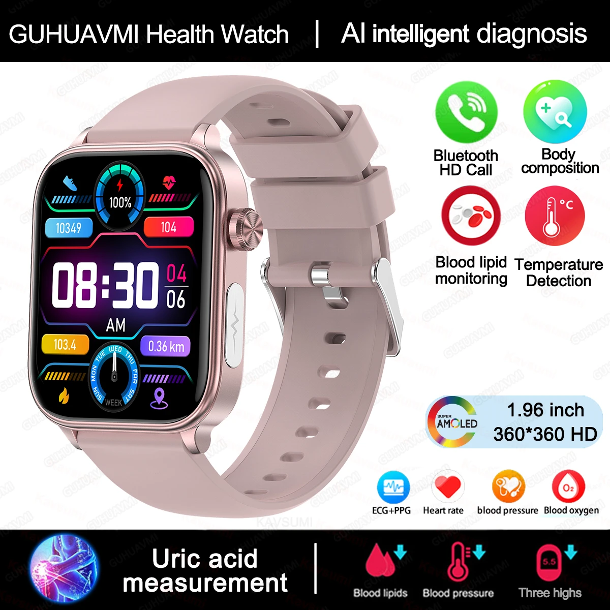 Smartwatch z pomiarem zdrowia i tarczą AI – zegarek sportowy Różowy