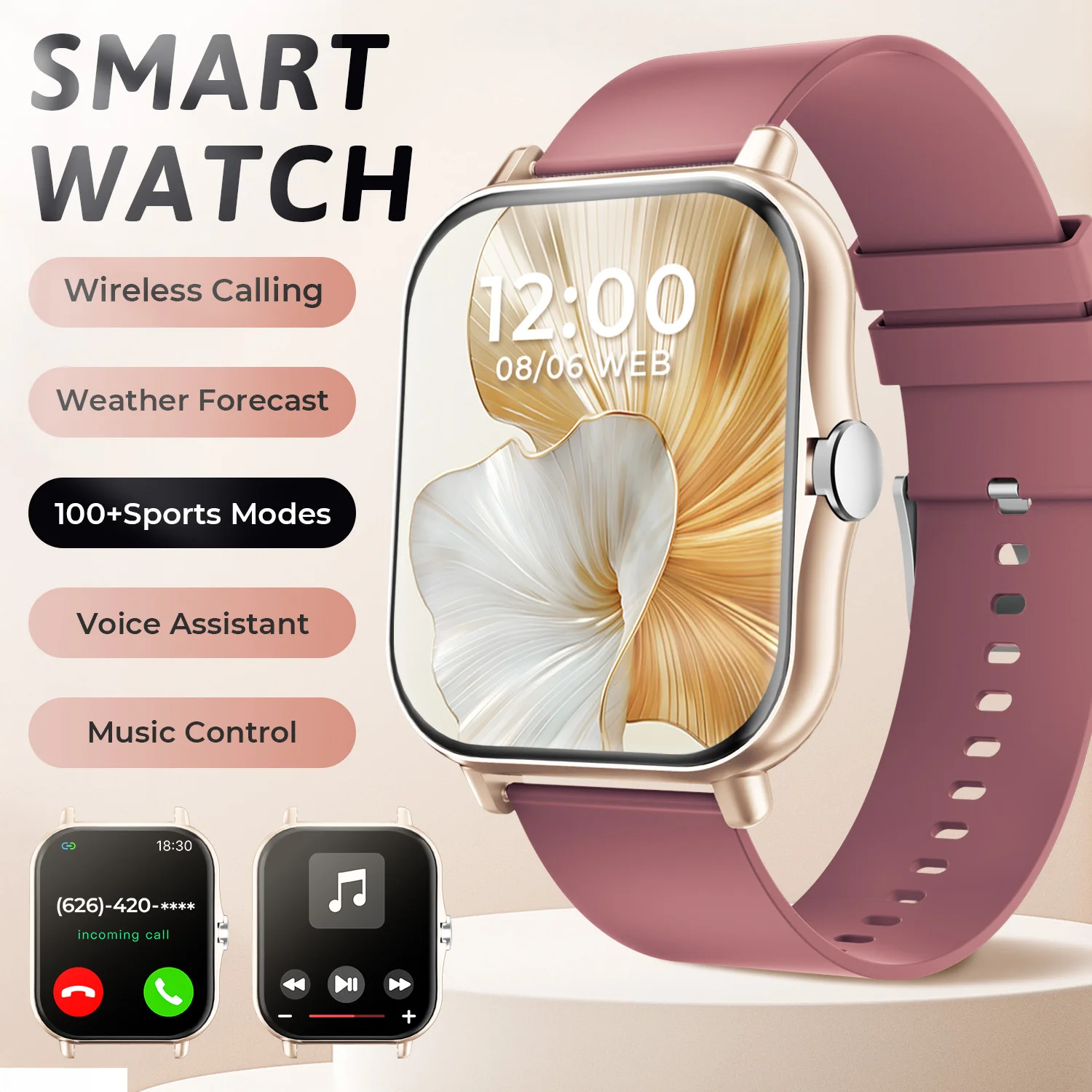 Smartwatch sportowy z pomiarem tętna i snu Bordowy