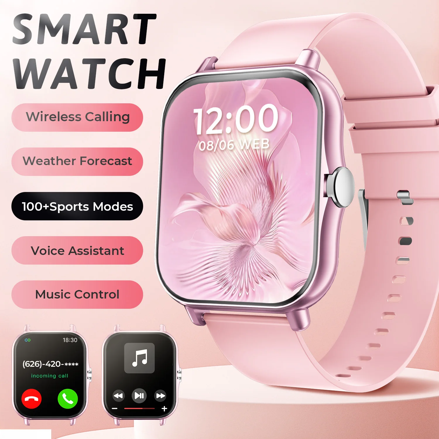 Smartwatch sportowy z pomiarem tętna i snu Różowy