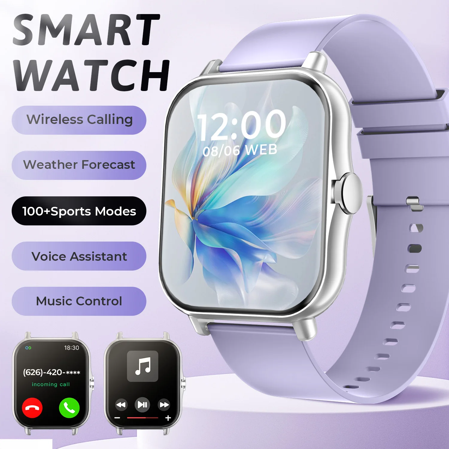 Smartwatch sportowy z pomiarem tętna i snu Fioletowy