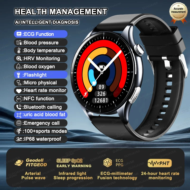 Smartwatch zdrowotny z EKG, pomiarem ciśnienia i NFC Czarny