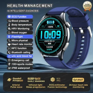 Smartwatch zdrowotny z EKG, pomiarem ciśnienia i NFC Niebieski