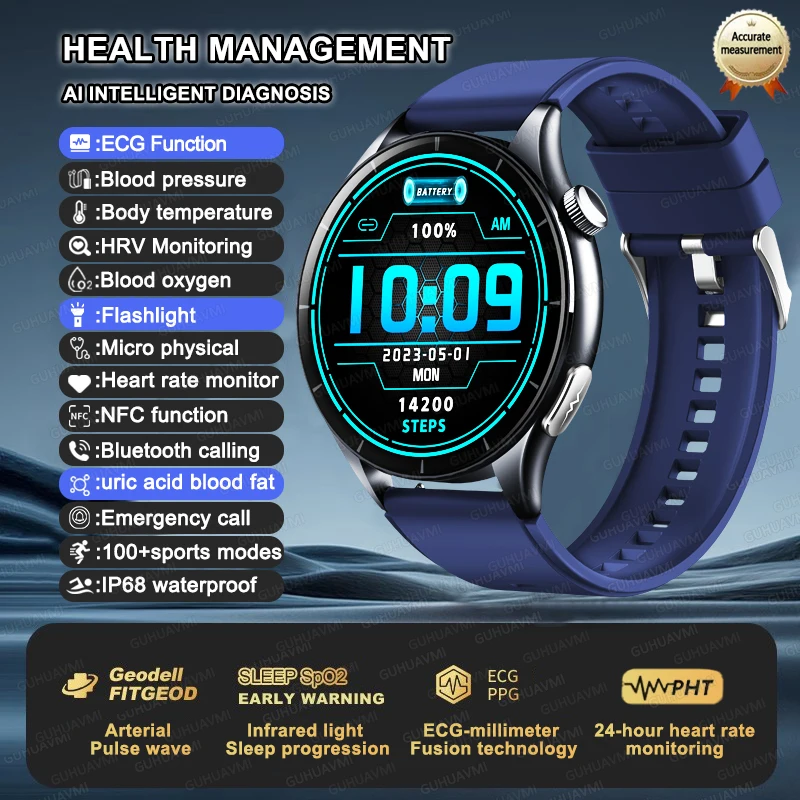 Smartwatch zdrowotny z EKG, pomiarem ciśnienia i NFC Niebieski