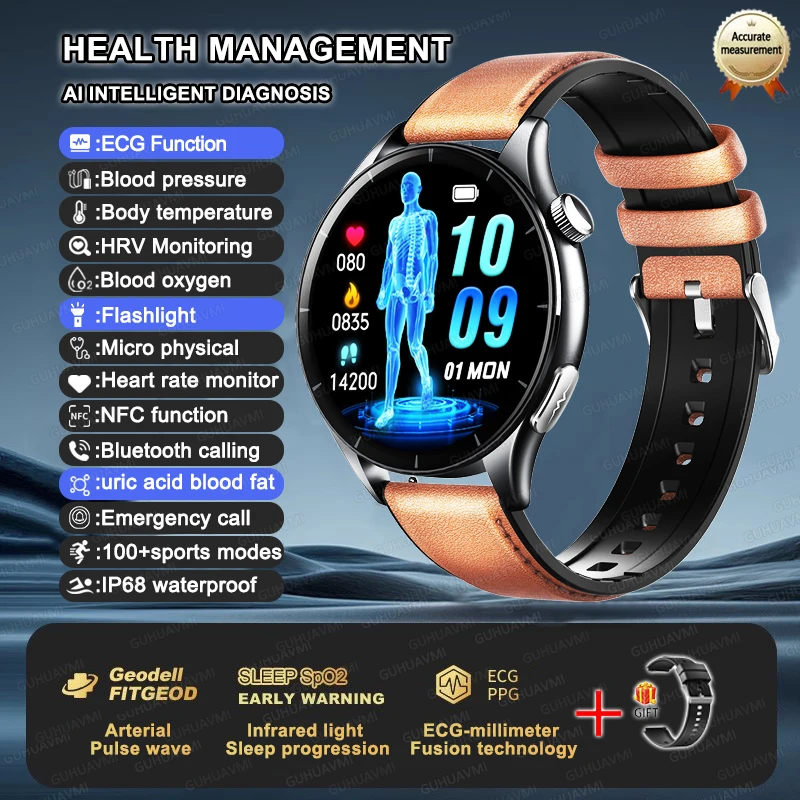 Smartwatch zdrowotny z EKG, pomiarem ciśnienia i NFC Brązowy