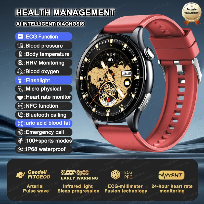 Smartwatch zdrowotny z EKG, pomiarem ciśnienia i NFC Czerwony