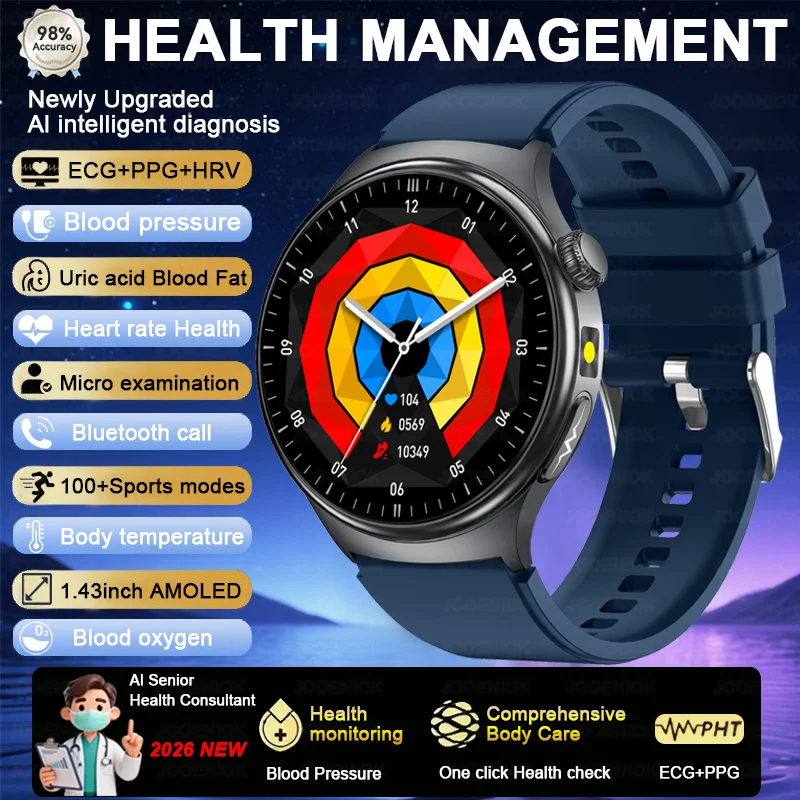Smartwatch zdrowotny z EKG, pomiarem ciśnienia i tętna Niebieski