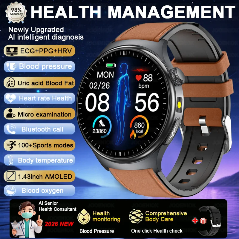 Smartwatch zdrowotny z EKG, pomiarem ciśnienia i tętna Brązowy