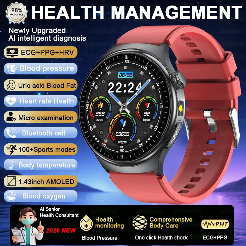Smartwatch zdrowotny z EKG, pomiarem ciśnienia i tętna Czerwony