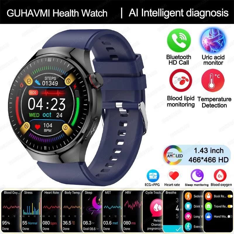 Smartwatch zdrowotny z EKG, ciśnieniem i pomiarem tlenu we krwi Niebieski