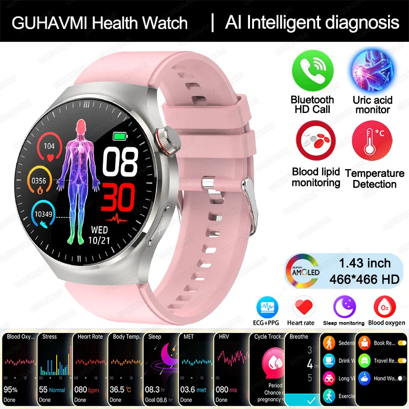 Smartwatch zdrowotny z EKG, ciśnieniem i pomiarem tlenu we krwi Różowy