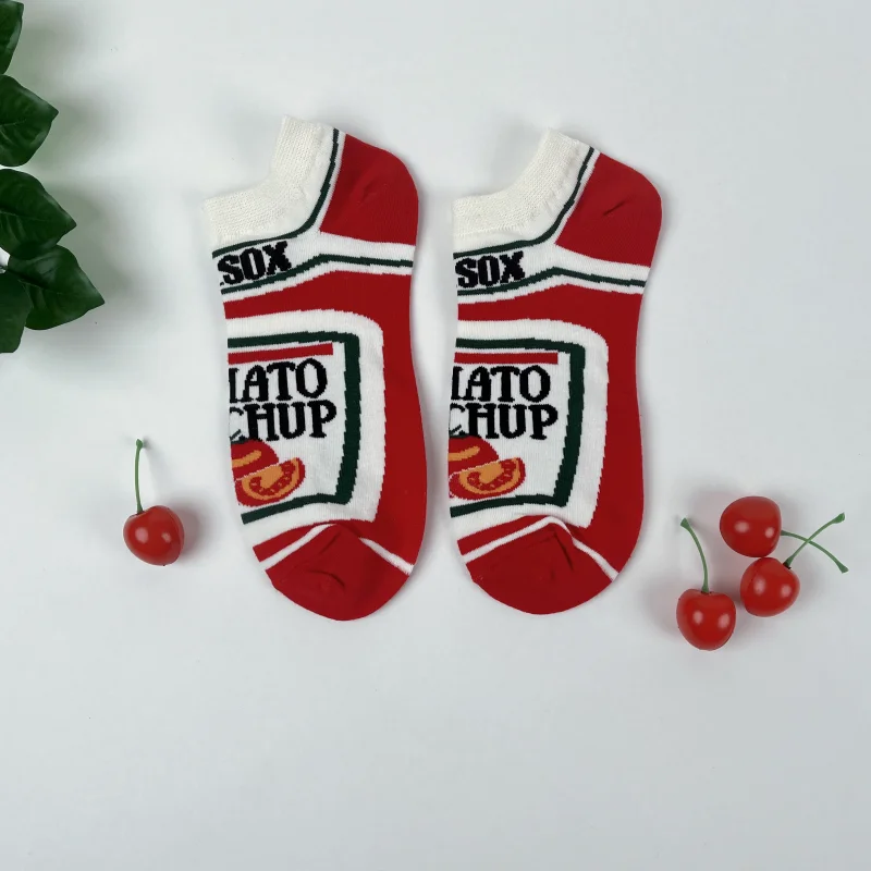 Śmieszne skarpetki unisex z nadrukiem ketchup AB para Róża czerwona