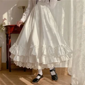 Spódnica midi z koronką i kokardą w stylu preppy Biały