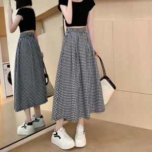 Spódnica damska w pepitkę z wysokim stanem, rozkloszowana No pockets skirt