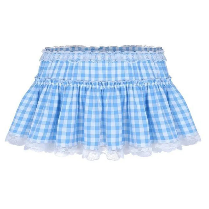 Spódniczka mini Y2K w kratę z koronką i falbankami Niebieski