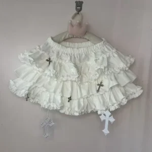 Spódniczka mini Y2K z wbudowanymi szortami i ozdobnymi krzyżami Biały