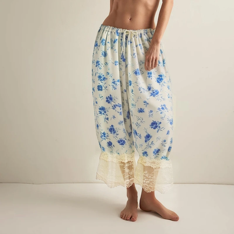 Damskie spodnie bloomers z koronkową wstawką i wysoką talią Fioletowy