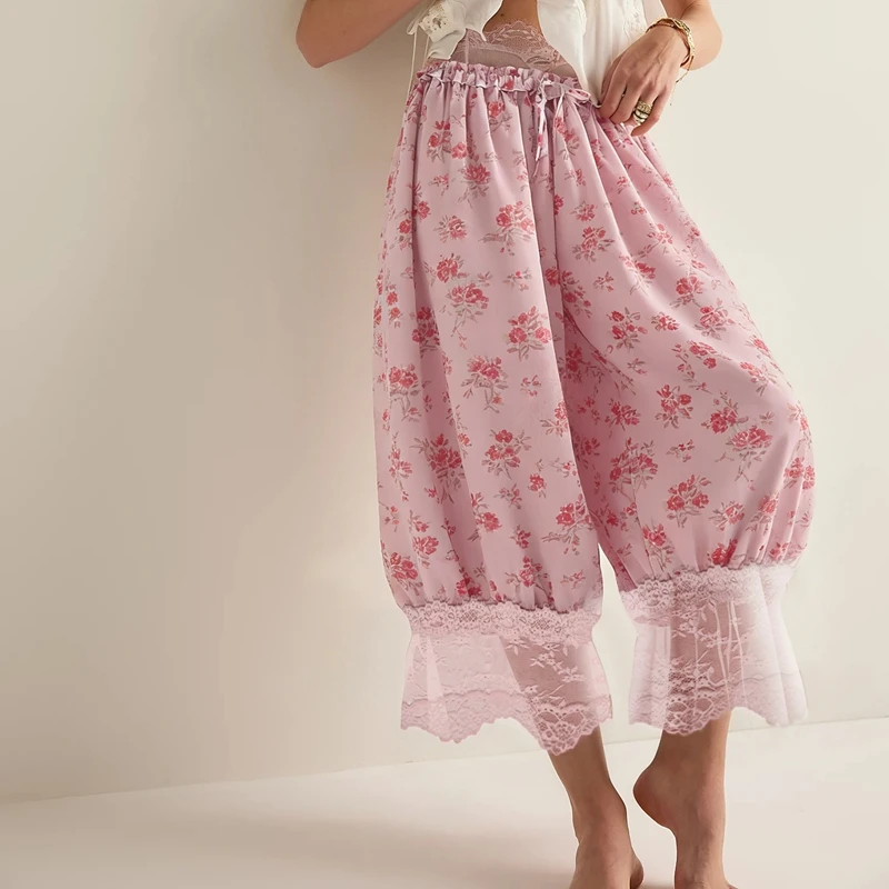 Damskie spodnie bloomers z koronkową wstawką i wysoką talią Różowy