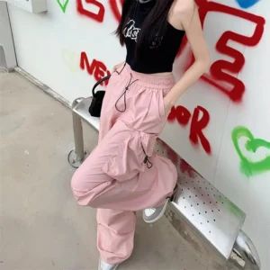 Szerokie spodnie cargo Y2K w stylu streetwear Różowy