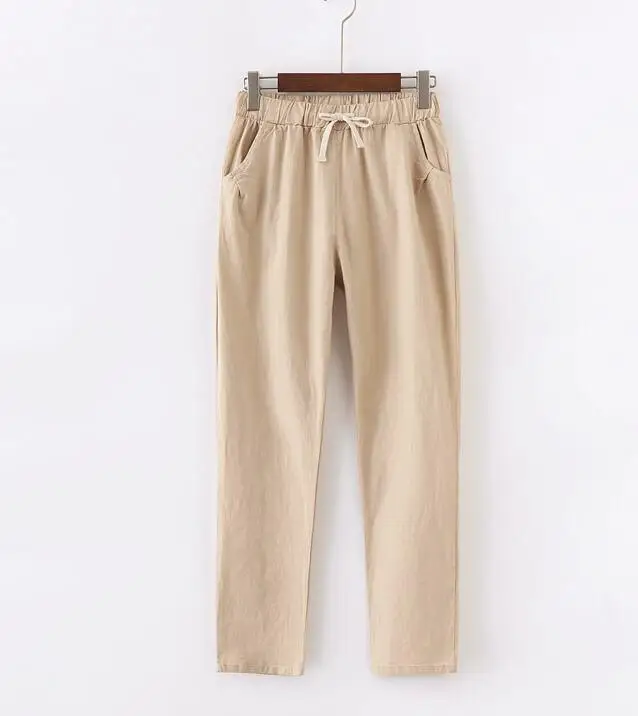 Spodnie damskie bawełna-len w stylu casual – kolorowe do kostek Khaki