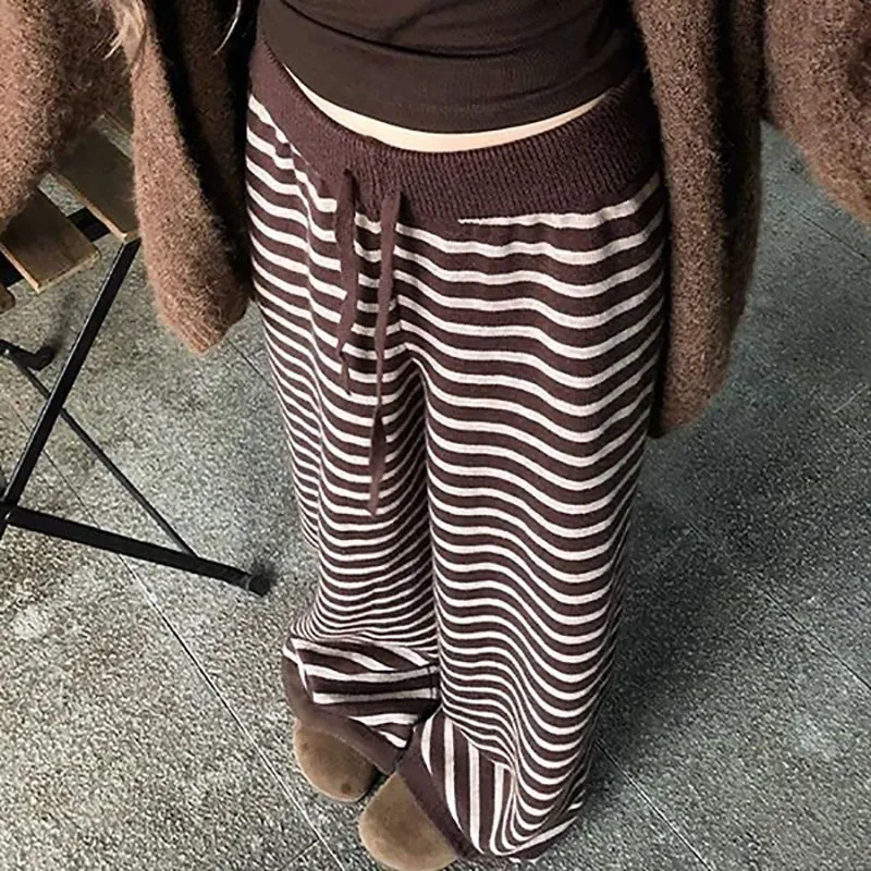 Spodnie damskie w kontrastowe paski Harajuku vintage Y2K Brązowy